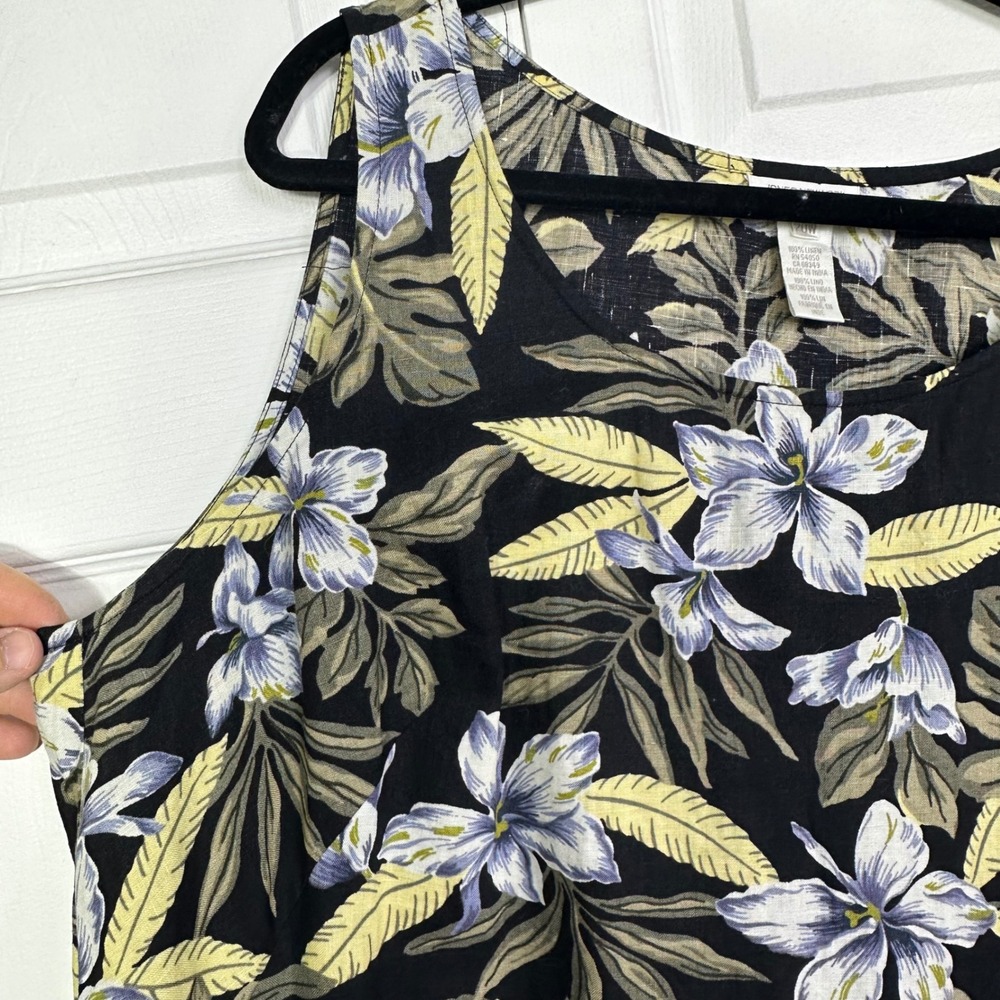 VTG 100% Linen Plus Size Maxi Dress Womens 20W Black Tropical Floral Sleeveless - Picture 4 of 14